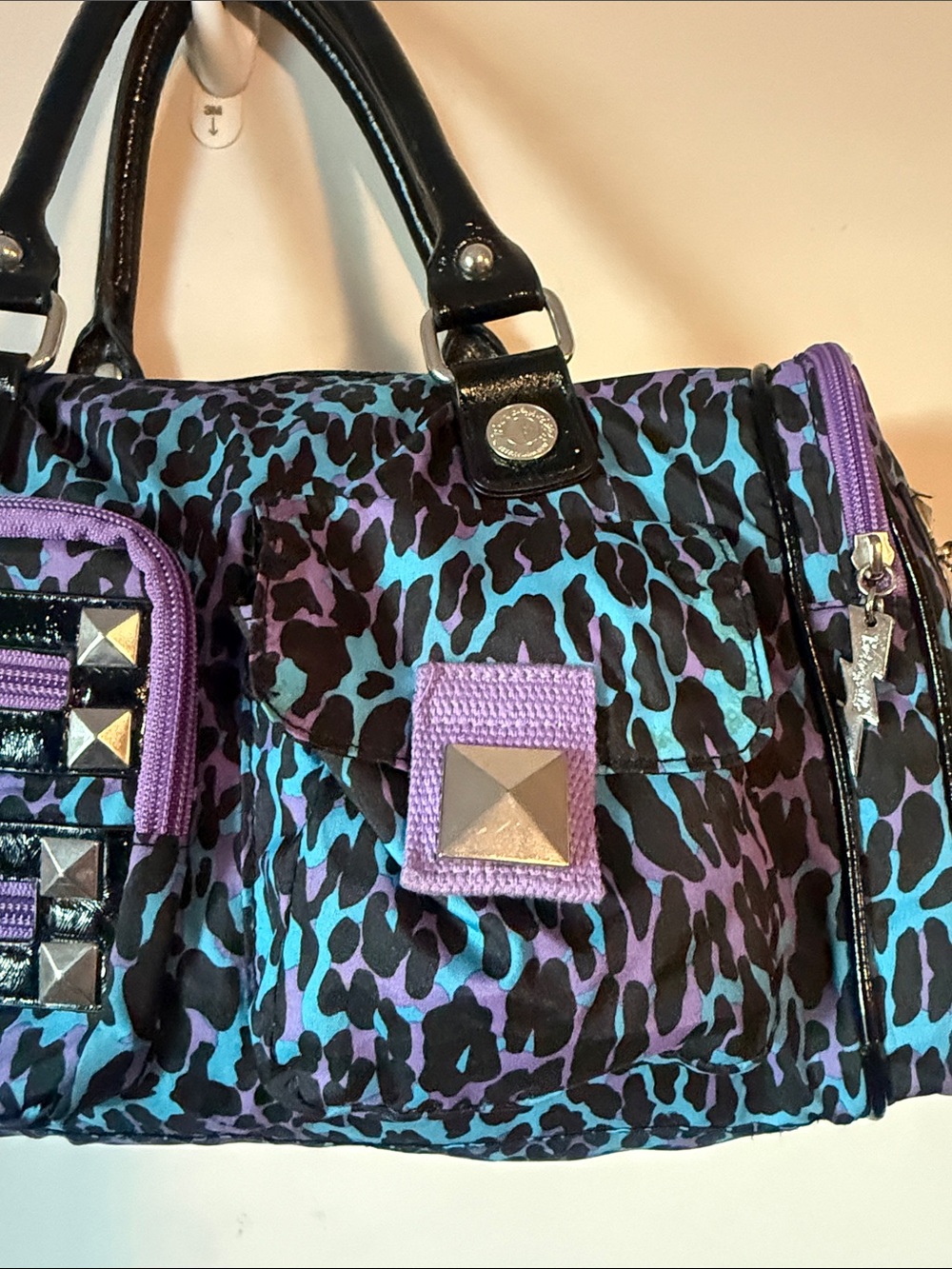 Betsey Johnson Purple & Teal Animal Print Duffel Satchel Handbag - Picture 8 of 15